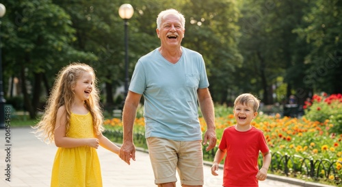 Happy family walking in park.