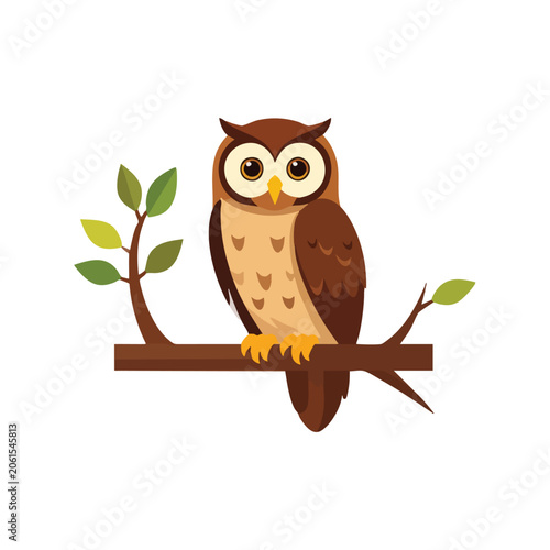 Cute cartoon brown owl perched on a branch illustration.
