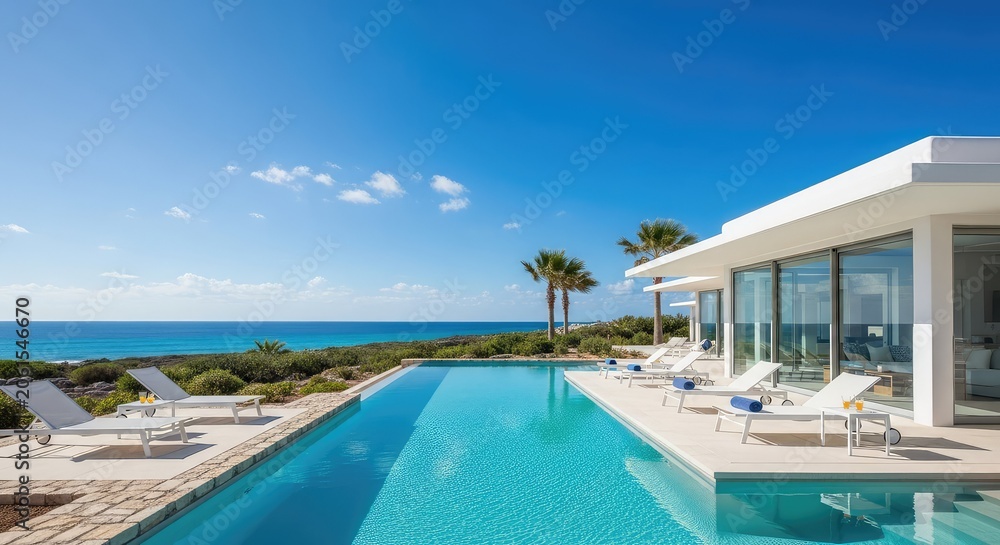 Fototapeta premium A stunning luxury villa features a modern infinity pool seamlessly blending into the vast blue ocean horizon during a bright sunny afternoon, sunshine, reflection, exterior