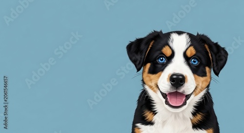 A happy black, brown, and white puppy dog with blue eyes looks directly at the camera on a blue background.
