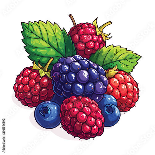 Vibrant Hand Drawn Illustration of Mixed Fresh Berries with Green Leaves.