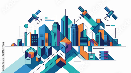 A futuristic cityscape with sleek skyscrapers and orbiting satellites
