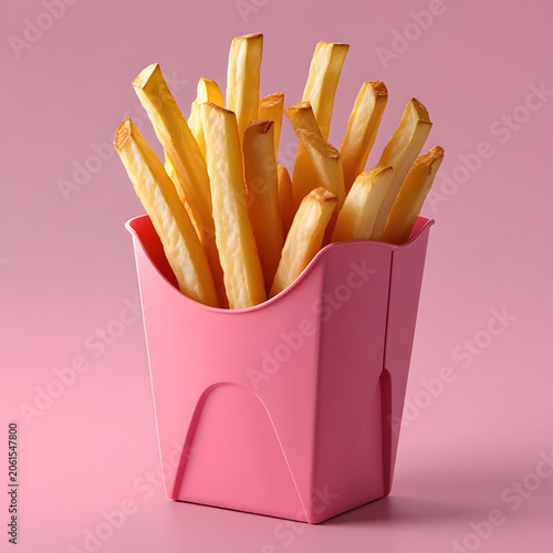 Realistic French fries in a pink container perfect for fast food designs on transparent background