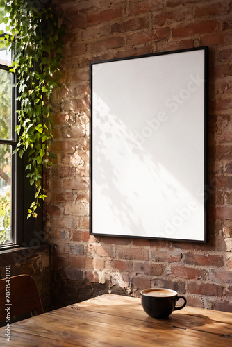 Thin black frame mockup for wall art display on rustic red brick wall in cozy coffee shop with golden morning sunlight and plant shadows
