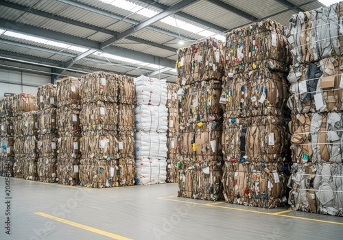 Neat piles of compressed cardboard bundles and plastic scrap stacked high inside a spacious industrial recycling warehouse facility, logistics, waste, business