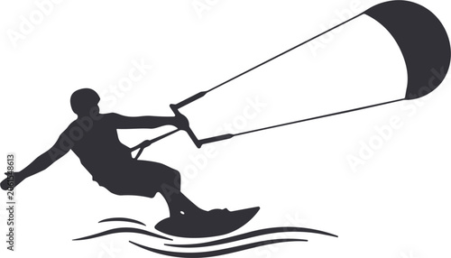 Bild auf Leinwand Dynamic Black Silhouette of Kite Surfer Riding Waves with Large Curved Kite for