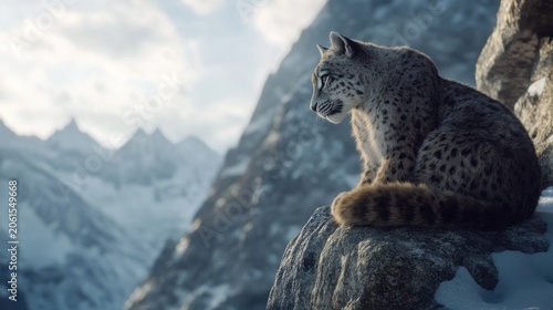 Snow Leopard Resting on Rocky Outcrop with Mountain Background
