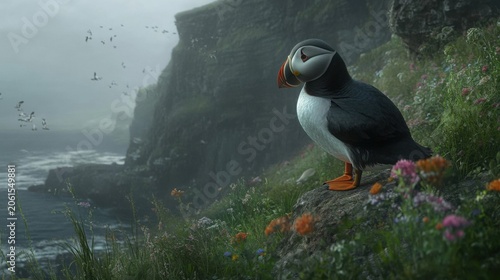 Puffin on Rocky Coast with Colorful Flowers and Foggy Background
