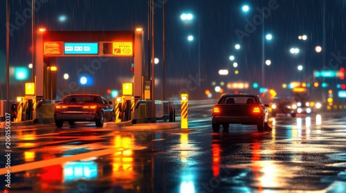 Nighttime Toll Booth Scene with Rain and Reflections in City Lights