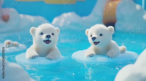Cute Polar Bear Cubs Playing in Bright Blue Water with Ice Floes
