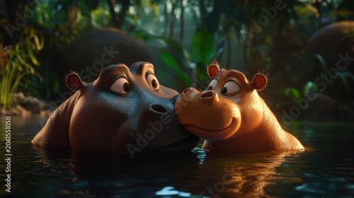 Animated Hippos in a Serene Jungle Pool Embracing Each Other