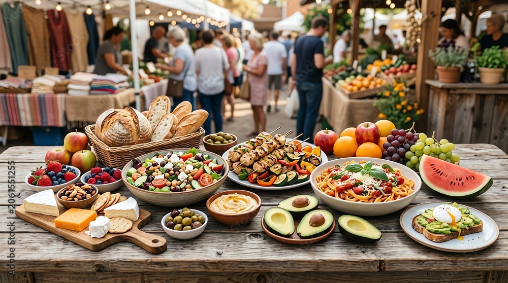 Obraz premium Fresh food display at outdoor market with people