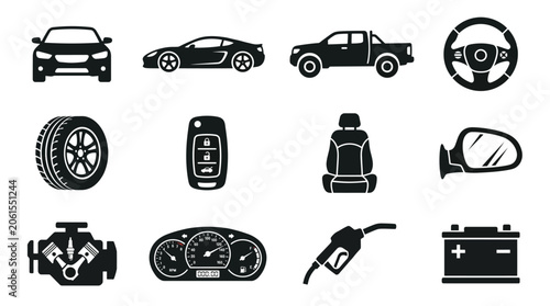 Fotografie Automobile icons collection featuring car front, sports car, pickup truck, st