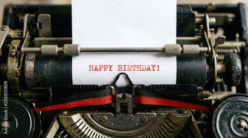 Vintage typewriter with paper displaying 'happy birthday!' typed in red ink.