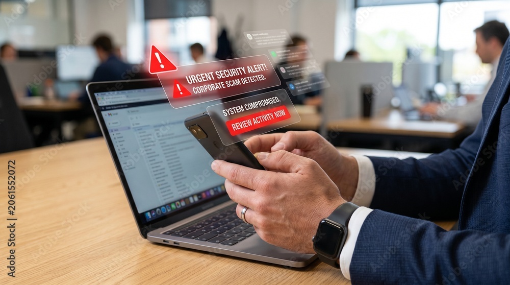Fototapeta premium Network administrator checking critical security breach warning alert on smartphone and laptop screen for data center cyber incident response presentation use.