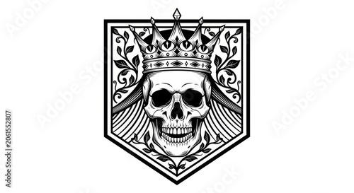 Intricate crowned skull within decorative crest shield.