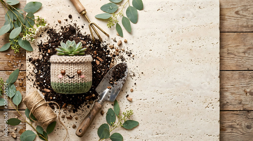 Cozy gardening concept with cute handmade knitted plant pot, green succulent, garden tools and soil scatter on beige travertine stone background with copy space.