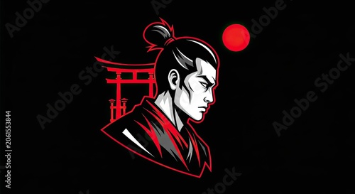 Japanese samurai warrior profile with red sun.