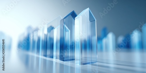 Abstract Blue Buildings: A series of abstract, translucent blue buildings in varying sizes create a modern and minimalist cityscape, with a soft focus and reflective surface.