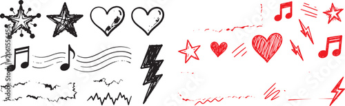 Hand drawn doodle icons set with stars hearts music notes and lightning bolts in black and red ink sketch style