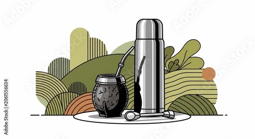 Illustration of Mate and Thermos on a Table with Abstract Background
