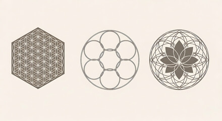 Geometric sacred geometry shapes including hexagon circle and mandala patterns with geometry patterns spiritual abstract mathematical ornament symmetry mystical