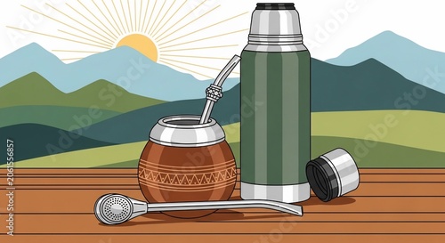 Traditional Argentine Mate Drink with Thermos on Wooden Table at Sunrise