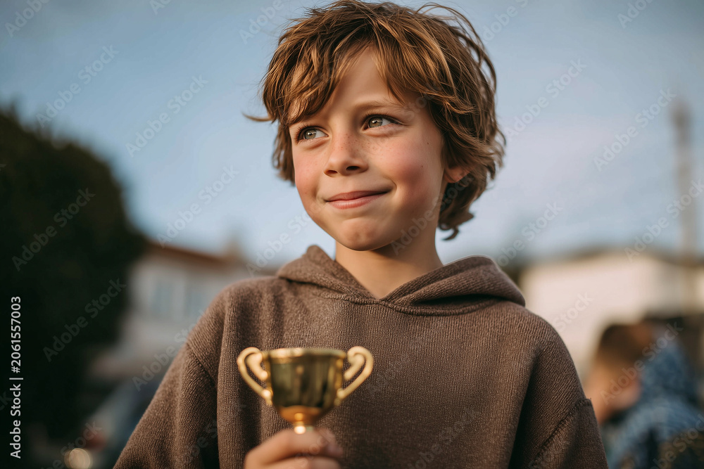 Obraz premium Happy Child Holding Winner Trophy After School Competition Achievement and Success