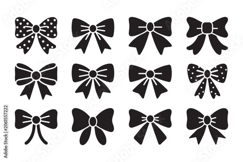 Black silhouette bows and ribbon knots for various graphical design projects including gift cards packaging stationery and festive celebration event layouts.