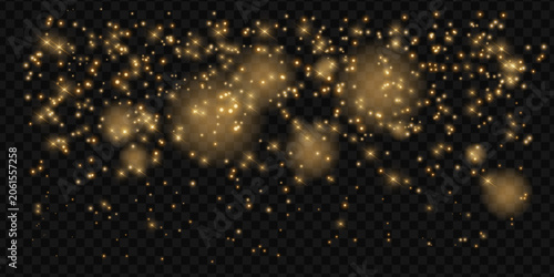 Golden glitter particle background with sparkling star lights and glowing bokeh effect on transparent background.