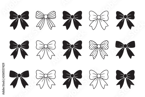 Black bow tie icon set for artistic project decoration and graphic design layouts. including outline and solid fill designs isolated on transparent background suitable for invitations cards.
