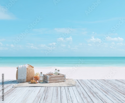 Serene Beach Getaway: A wicker basket with a rolled towel and toiletries rests on a wooden deck beside a rustic crate filled with bottles.