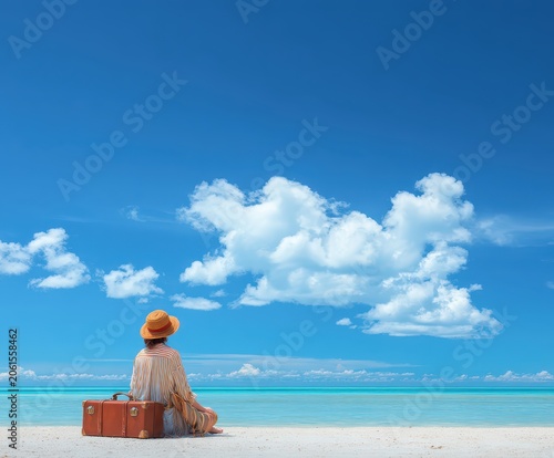 Dreaming of Horizons: A lone traveler with a straw hat sits on a vintage suitcase, gazing at the endless turquoise ocean and vast blue sky, lost in contemplation of future adventures.