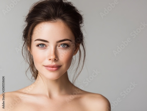 Radiant Beauty: A captivating portrait of a young woman with striking blue eyes and a gentle smile, showcasing flawless skin and natural allure.