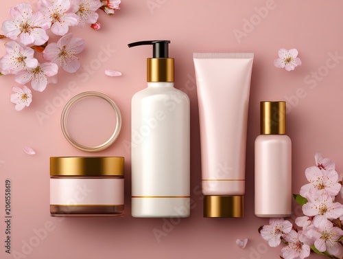 Luxury Skincare Set with Cherry Blossoms: A collection of elegant skincare bottles and jars, adorned with golden accents.