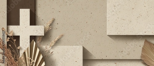 Easter Cross with Dried Botanicals: A symbolic representation of Easter, featuring a textured cross adorned with delicate dried grasses and golden accents, set against a neutral.