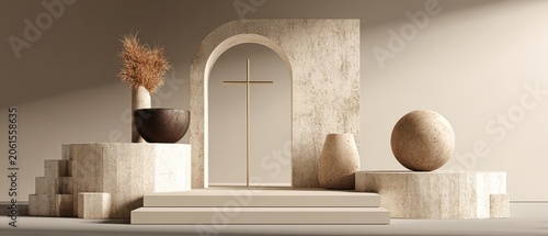 Sacred Sanctuary Abstract: An abstract architectural composition featuring an arched entryway with a subtle cross, reminiscent of a spiritual or religious space, rendered in a minimalist.