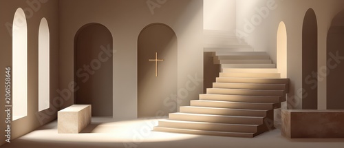 Sacred Stairway to Enlightenment: Sunlight streams through arched windows, illuminating a grand staircase leading upwards within a serene, classical-inspired sanctuary.