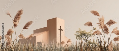 Minimalist Church Silhouette: A modern, minimalist church structure with a prominent cross stands against a soft, neutral sky, framed by tall, dry grasses and a solitary tree.