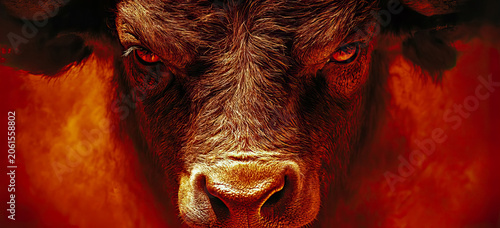 Intense close-up of powerful bull's face with fiery red eyes and detailed fur against dramatic, smoky red background, conveying raw energy and primal force