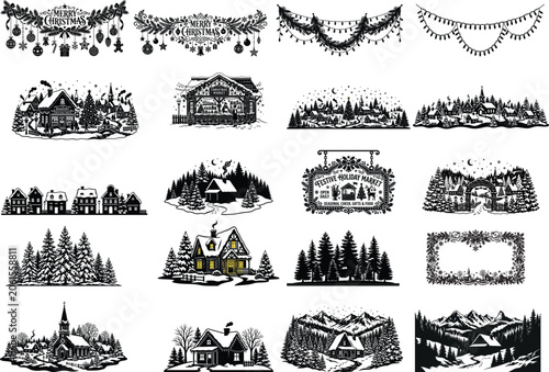 Winter Holiday Village and Decorative Border Collection.
