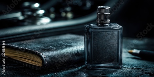 Dapper Aroma: A sleek glass bottle of fragrance sits elegantly beside a leather-bound notebook and a pen, evoking a sense of sophisticated personal style.