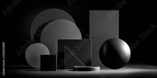 Monochromatic geometric shapes arrangement: A sophisticated composition featuring various monochromatic geometric shapes, including circles, squares, and rectangles.