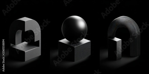Monochromatic Geometric Abstraction: Three distinct geometric shapes—a U-shape, a sphere atop a cube, and an inverted U-shape—are presented in a stark, monochromatic arrangement.