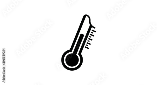 Black and white flat design thermometer icon with rising red mercury, isolated on white background