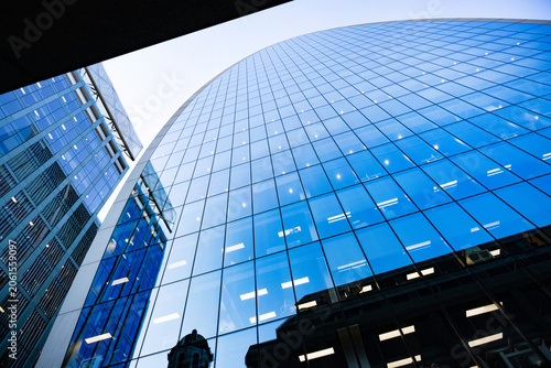 Dynamic London high rise office and commercial buildings in the financial district known as The City in the British capital, centre of European investment and banking companies.