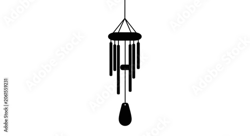 Elegant black wind chime with hanging tubes and wooden striker, minimalist silhouette design