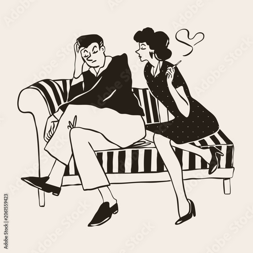 Couple on chaise Lounge. Lady with cigarette, man in bad mood. Retro, vintage black and white style. Love, feelings, romance concept. Hand drawn Vector illustration. Sticker, logo, icon, print templat