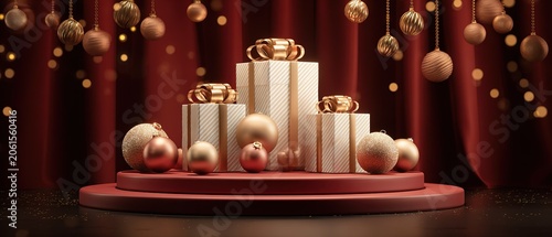 Elegant gift boxes and gold ornaments on a red podium stage
