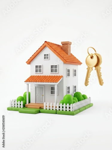3d illustration of a small house with a set of keys isolated on white background
